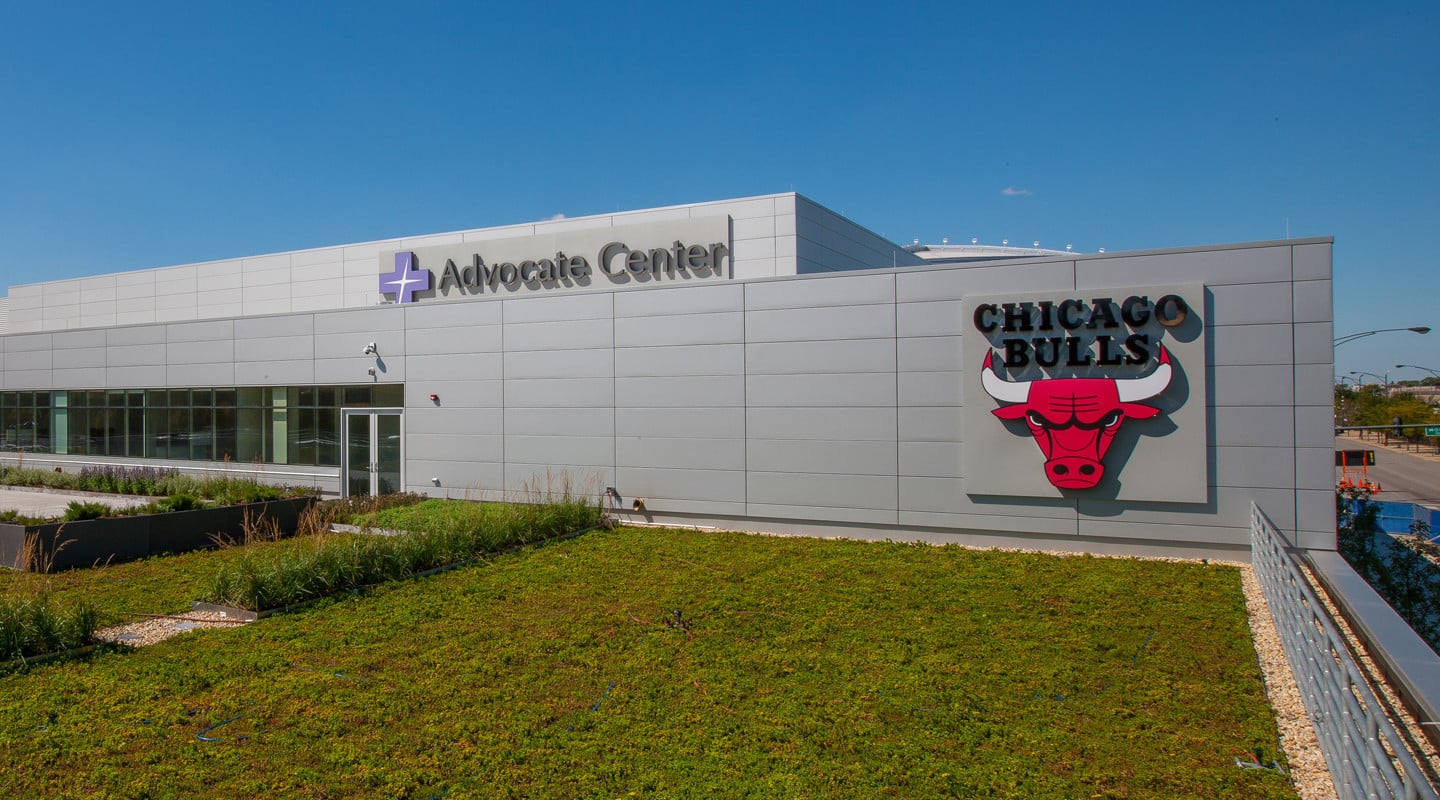 side of building with Bulls logo