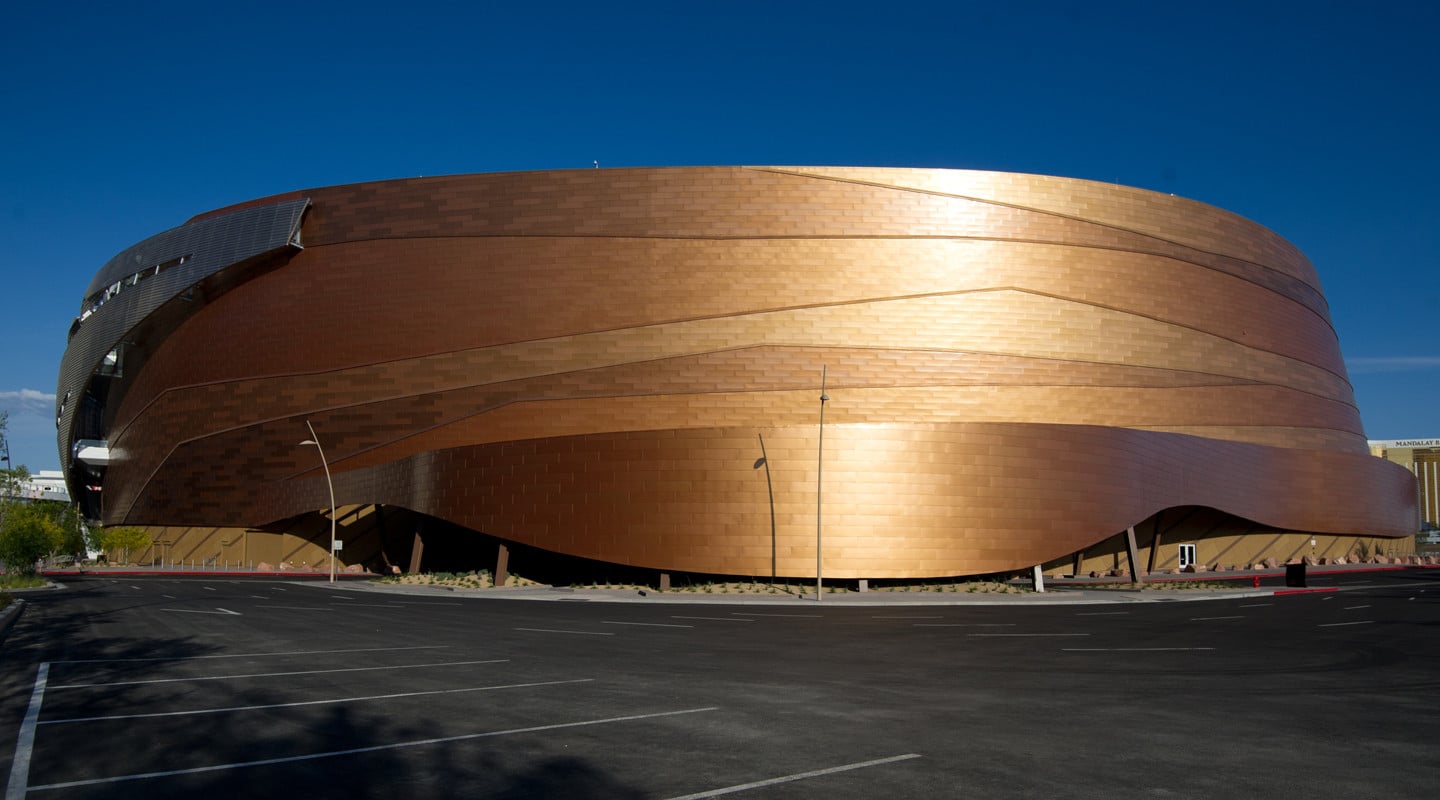 back of building with gold panels