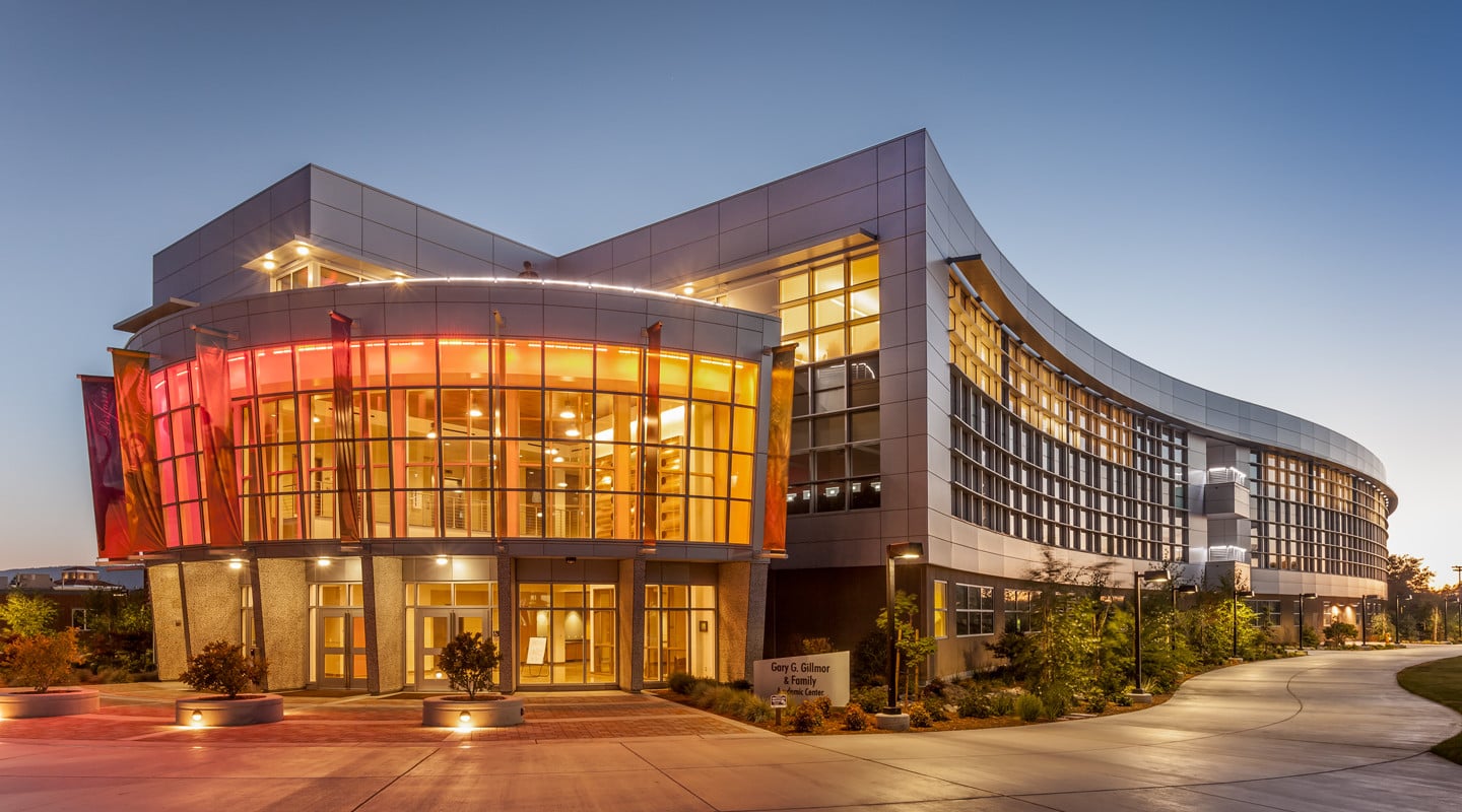 entire building view at dusk